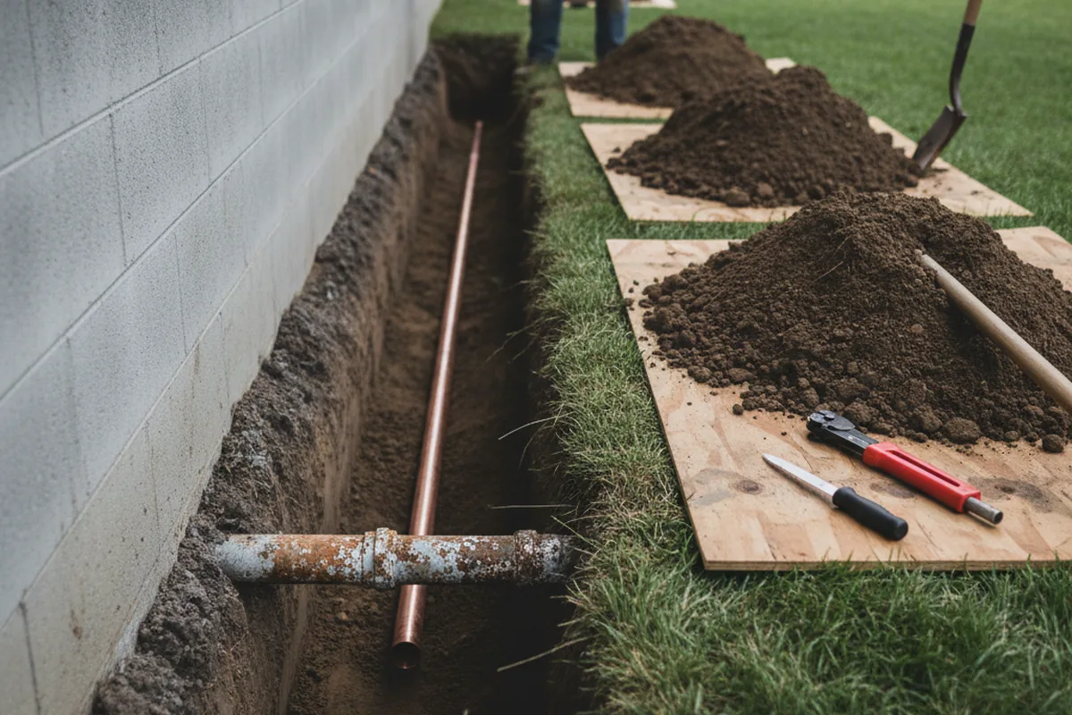 Excavated water line trench during Sewer Line Repair in Butler